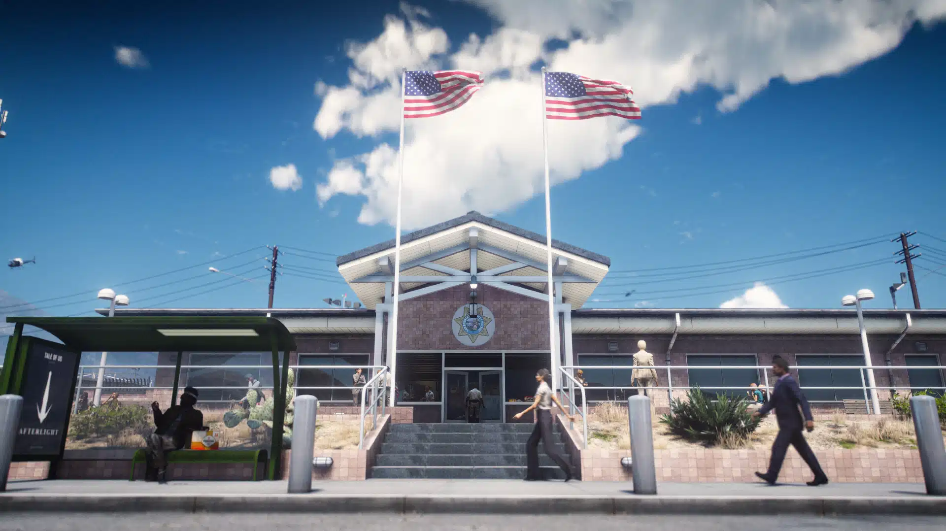 Highway Patrol Panorama main entrance with American flags and public bus stop GTA V FiveM MLO