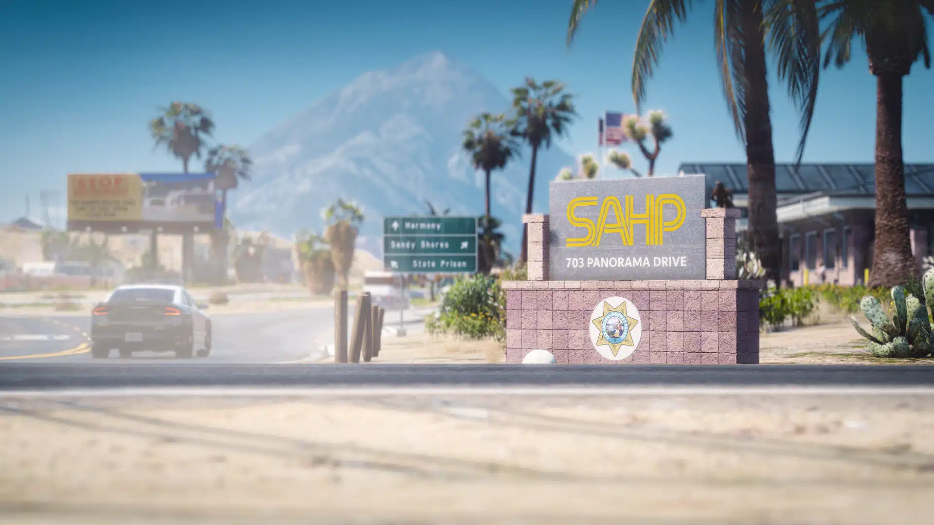 San Andreas Highway Patrol roadside sign on Panorama Drive GTA V FiveM MLO