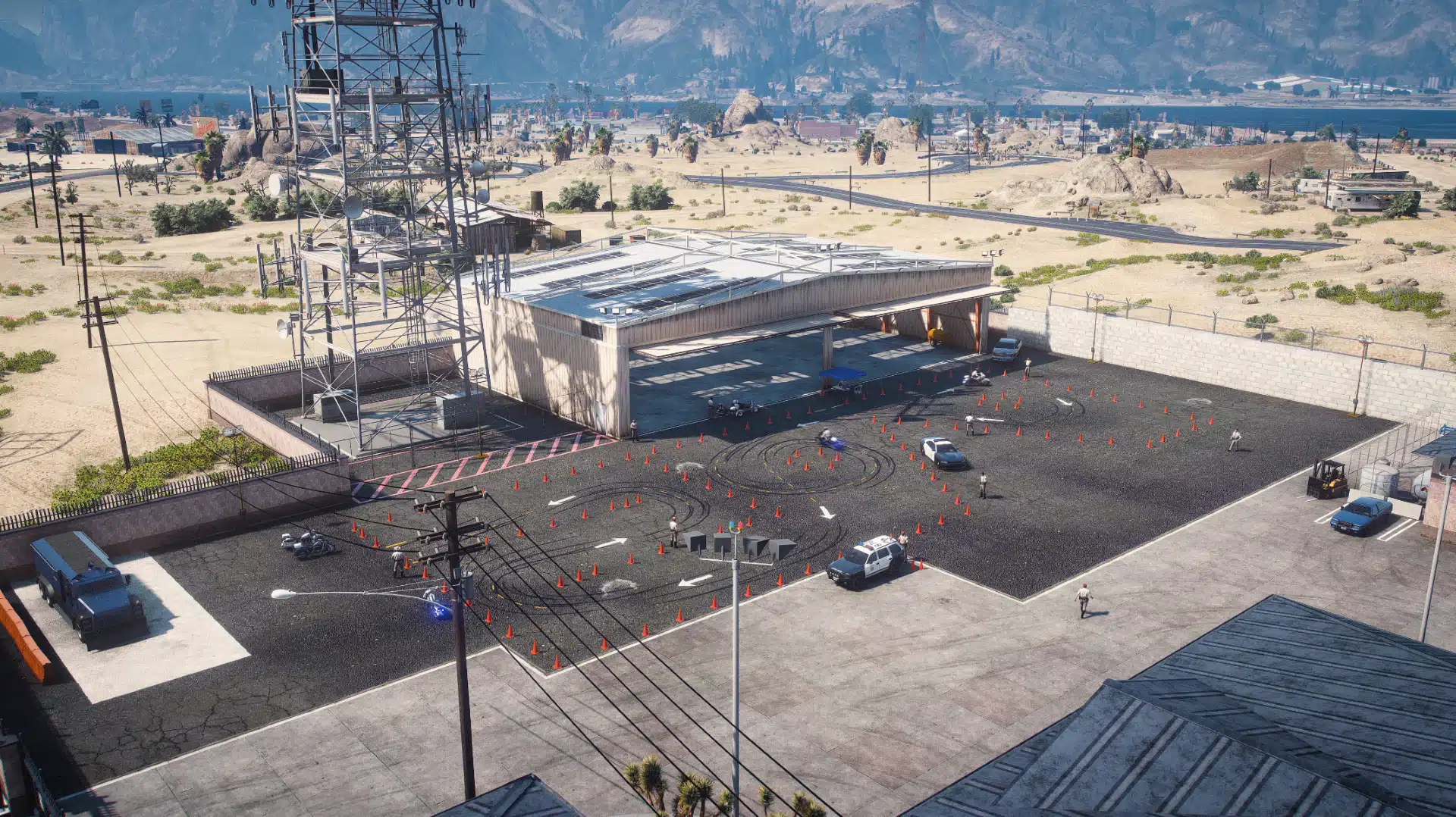 Highway Patrol Panorama driving course with circular cone layouts and police vehicles GTA V FiveM MLO