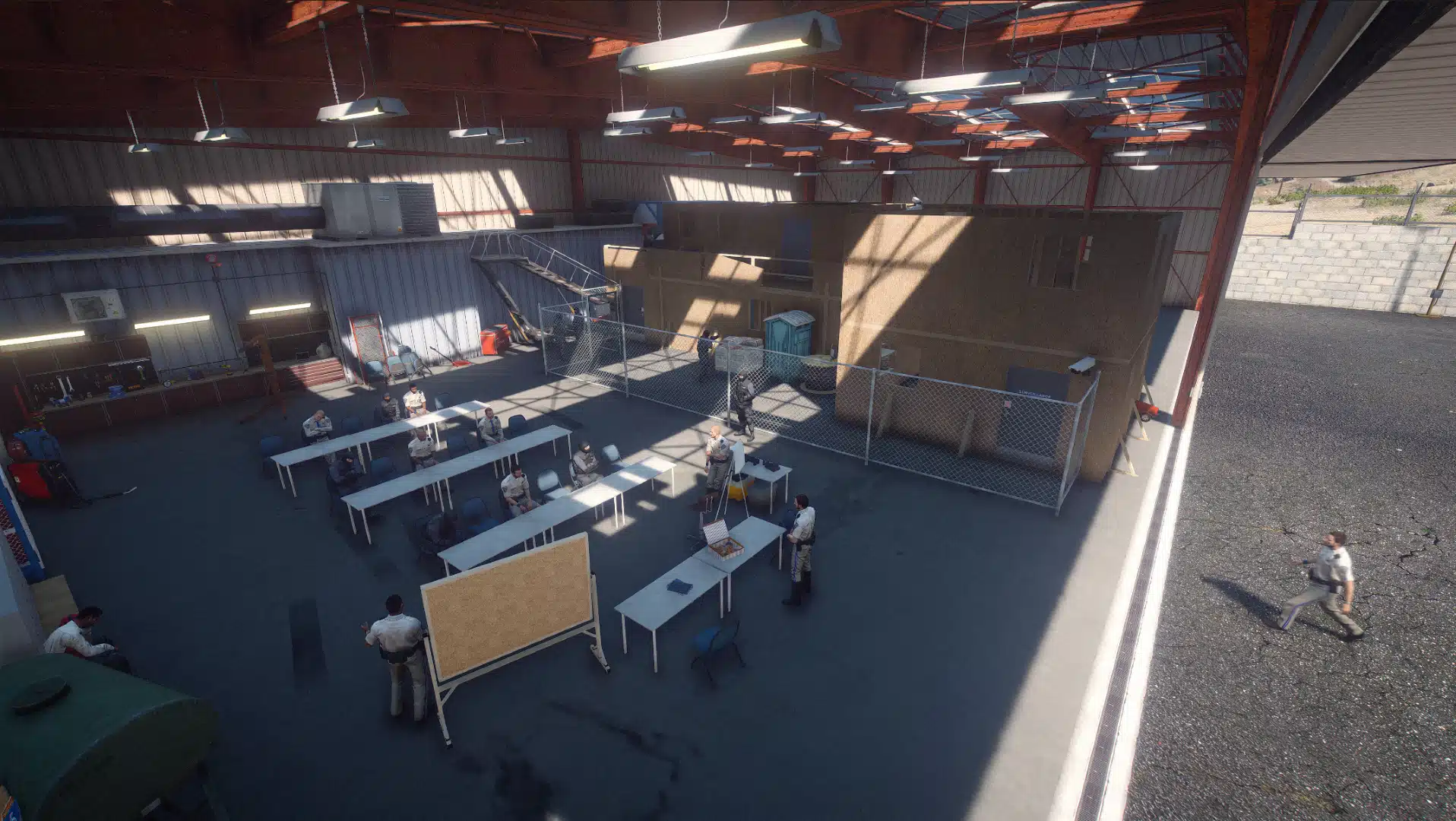 Highway Patrol Panorama hangar training area with classroom tables and tactical practice structure GTA V FiveM MLO