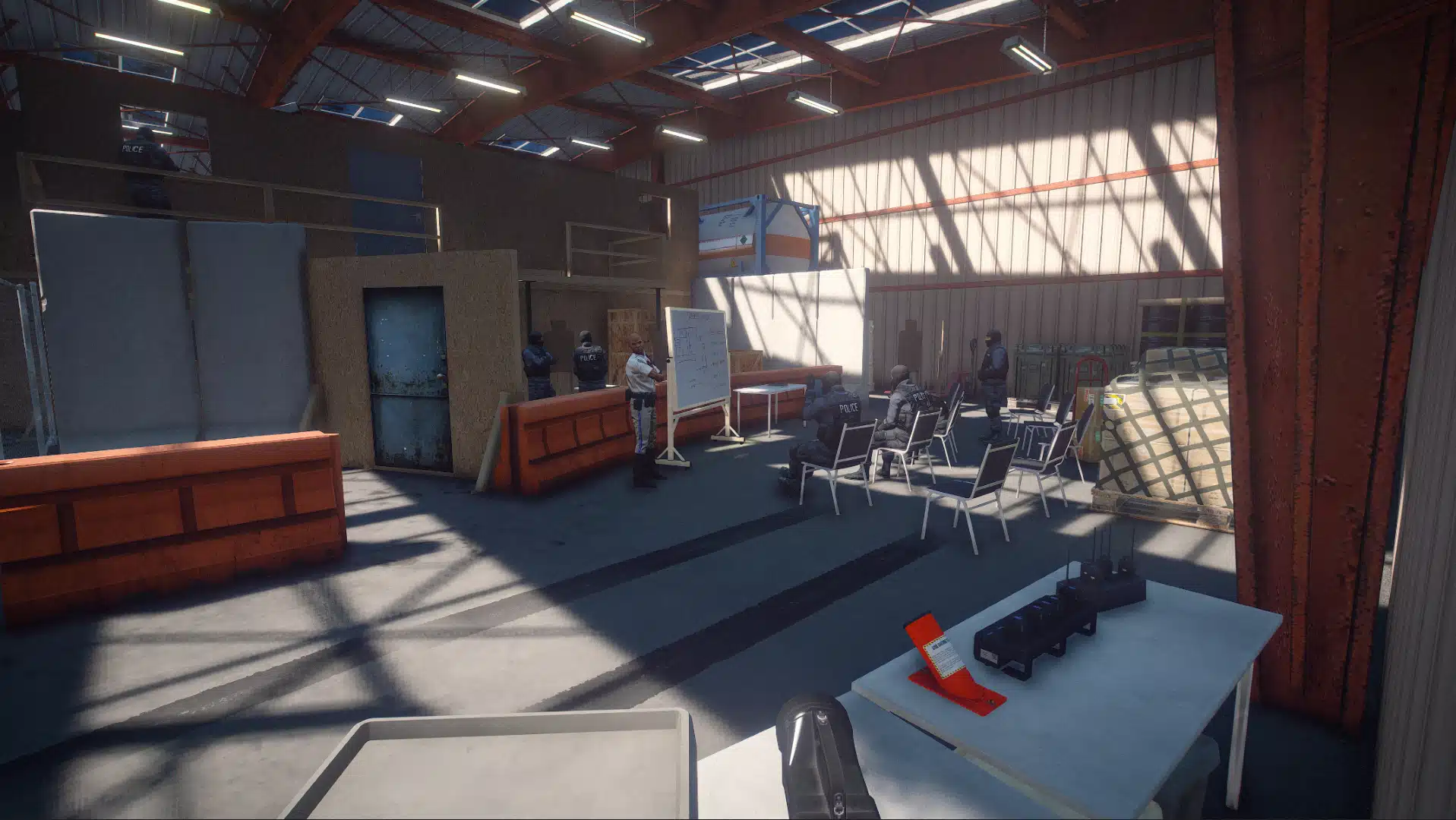 Highway Patrol Panorama hangar briefing setup with seating and presentation boards GTA V FiveM MLO