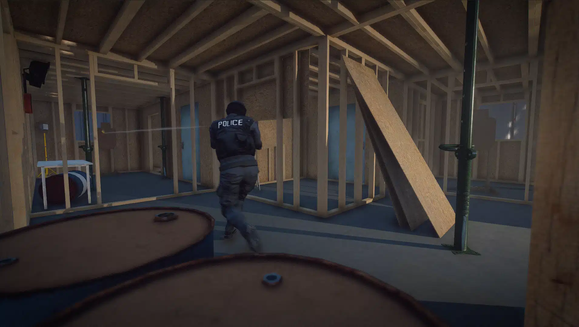 Highway Patrol Panorama officer practicing inside a wooden tactical training structure GTA V FiveM MLO
