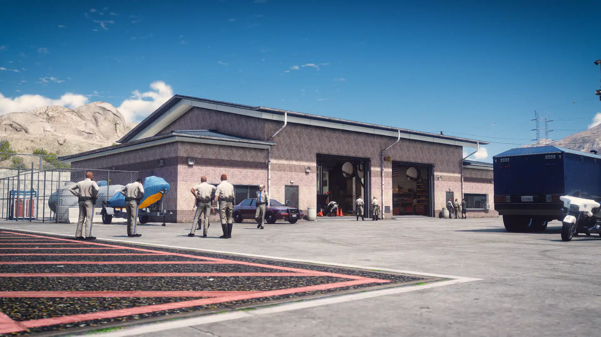 Highway Patrol Panorama vehicle workshop exterior with open garage bays GTA V FiveM MLO