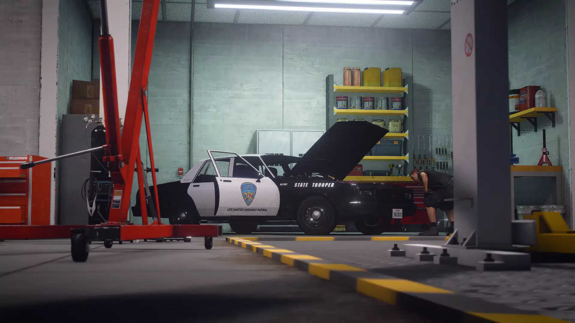 Highway Patrol Panorama patrol car with open hood in the repair workshop GTA V FiveM MLO