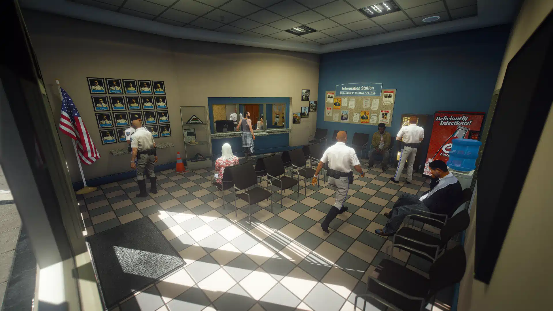 Highway Patrol Panorama public reception lobby with service counter and waiting chairs GTA V FiveM MLO