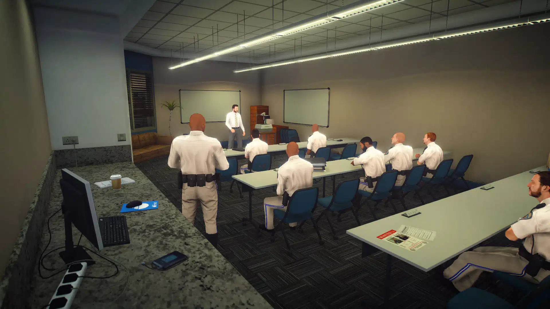 Highway Patrol Panorama briefing room with seated officers and presentation boards GTA V FiveM MLO