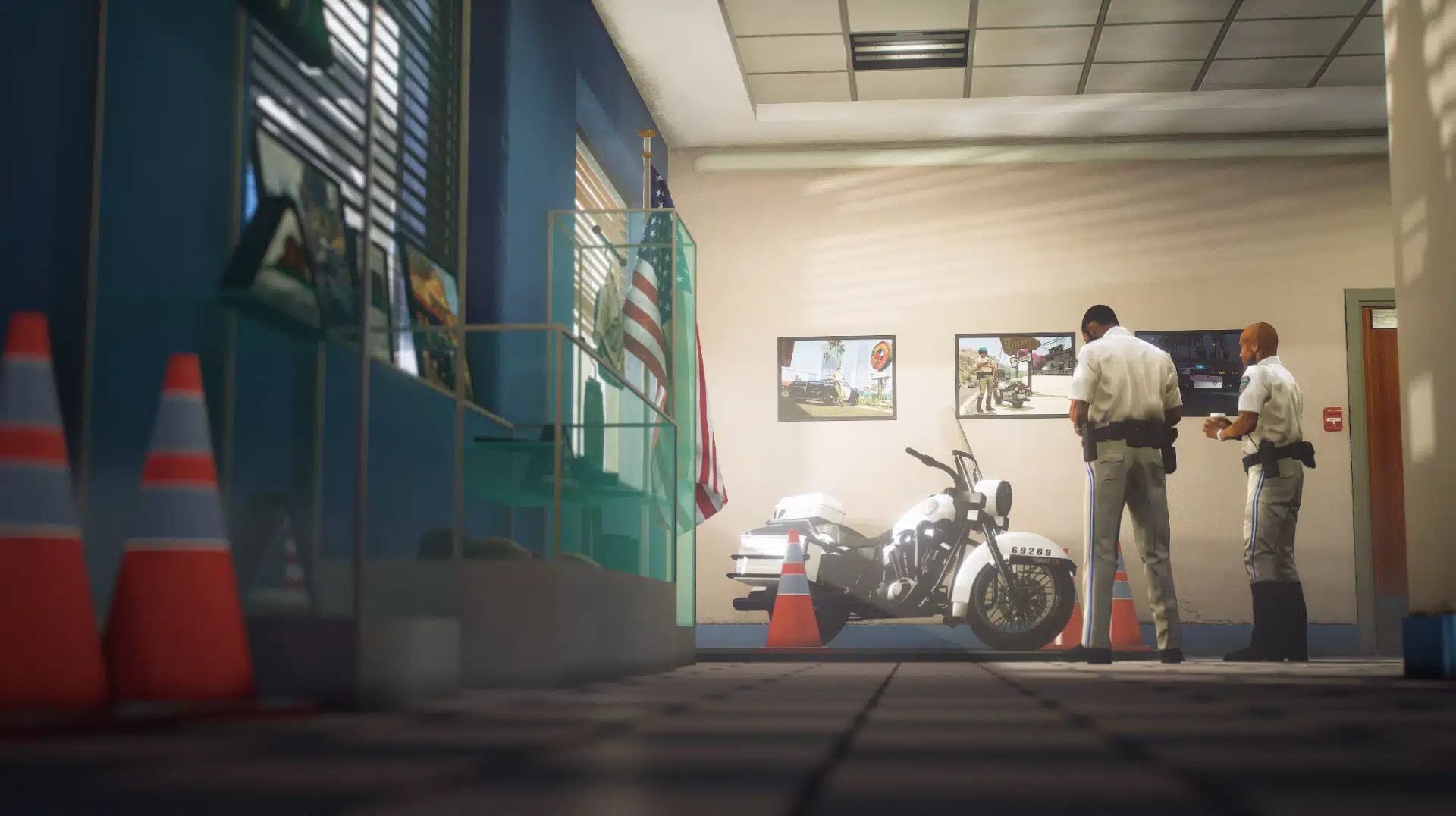 Highway Patrol Panorama lobby display with a police motorcycle and traffic cones GTA V FiveM MLO