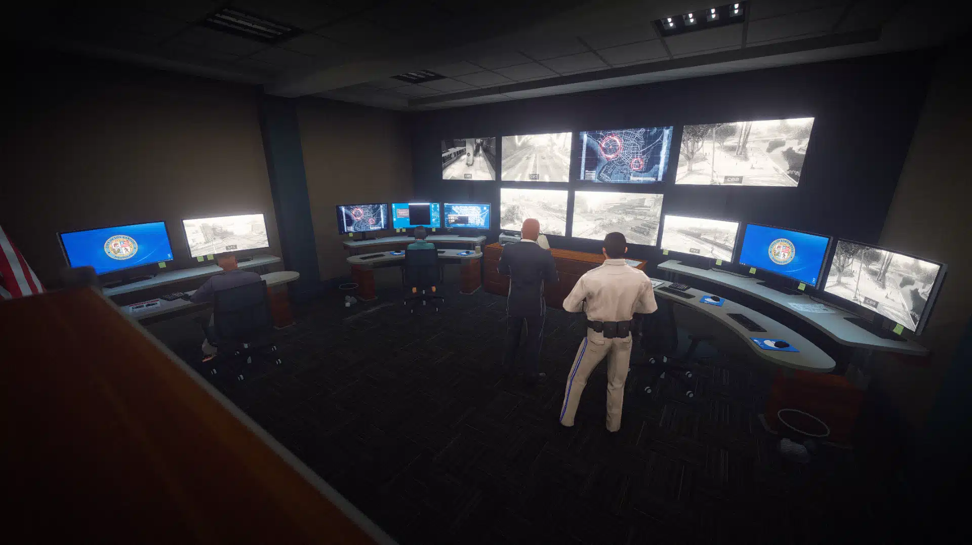 Highway Patrol Panorama surveillance control room with CCTV screens and operator desks GTA V FiveM MLO