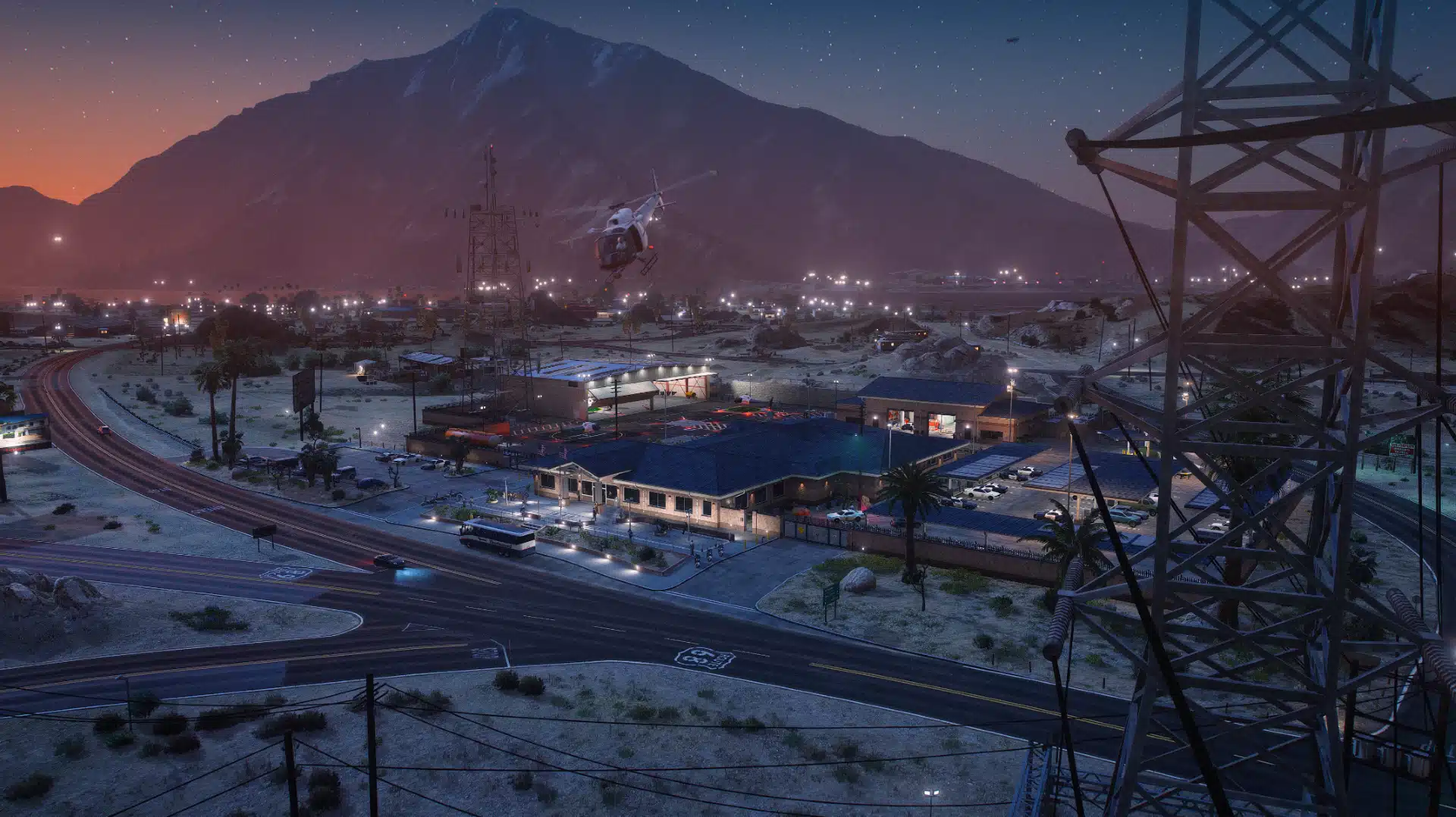 Highway Patrol Panorama illuminated station aerial view at dusk GTA V FiveM MLO