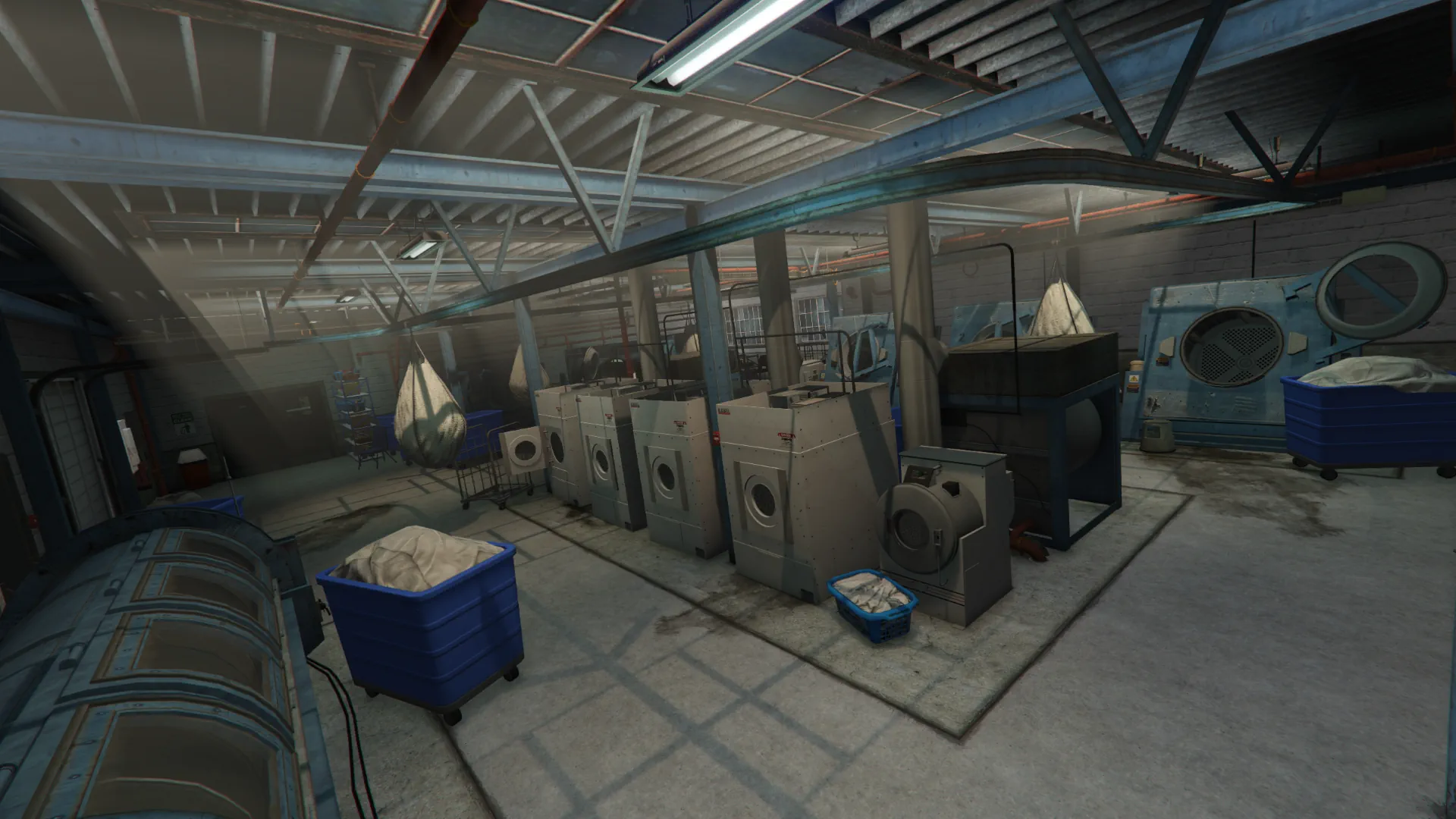 Laundry main room top view with washing machines and clothing rails GTA V FiveM Interior MLO