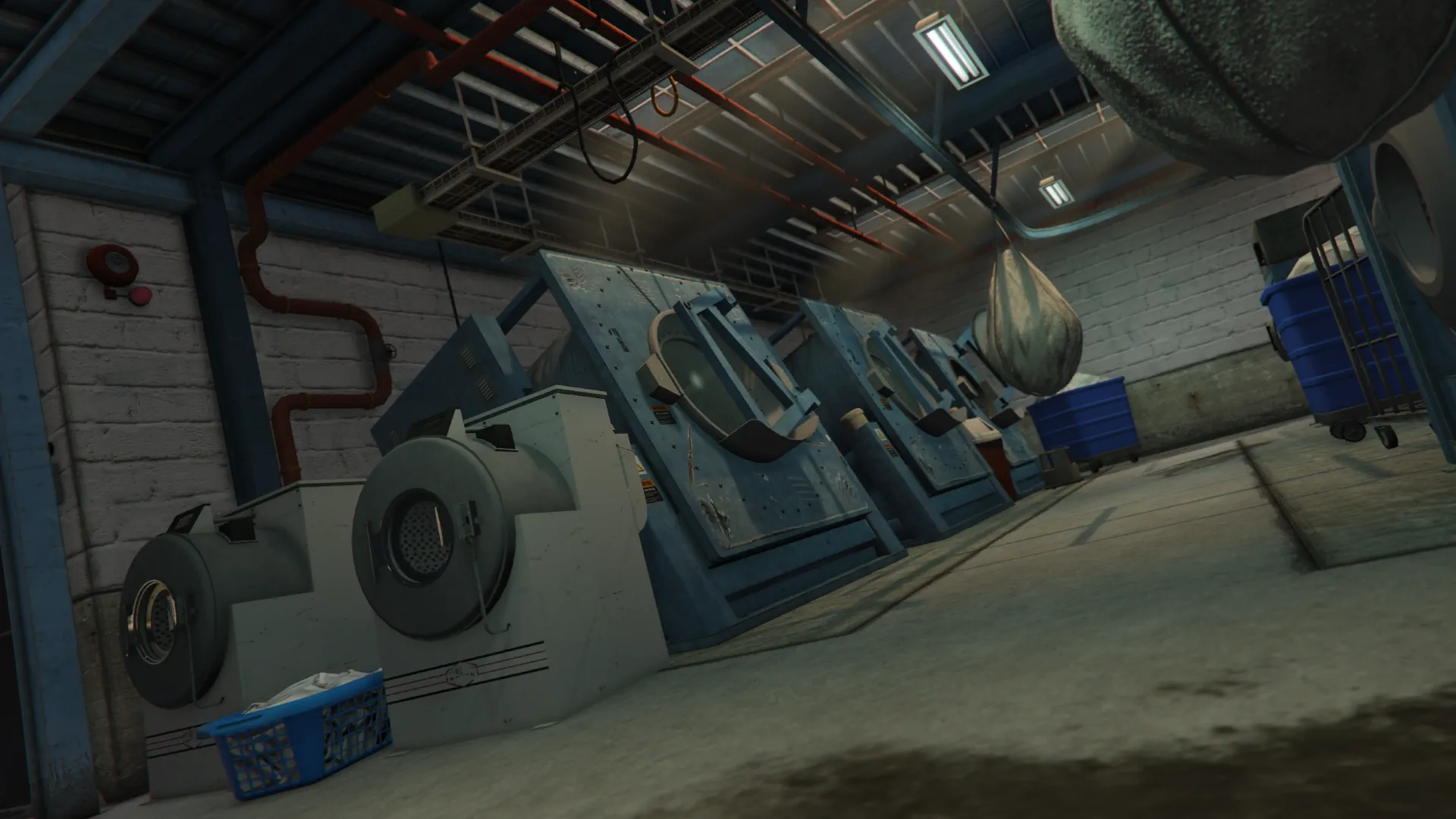 Laundry main room with industrial washing machines and laundry bags GTA V FiveM Interior MLO